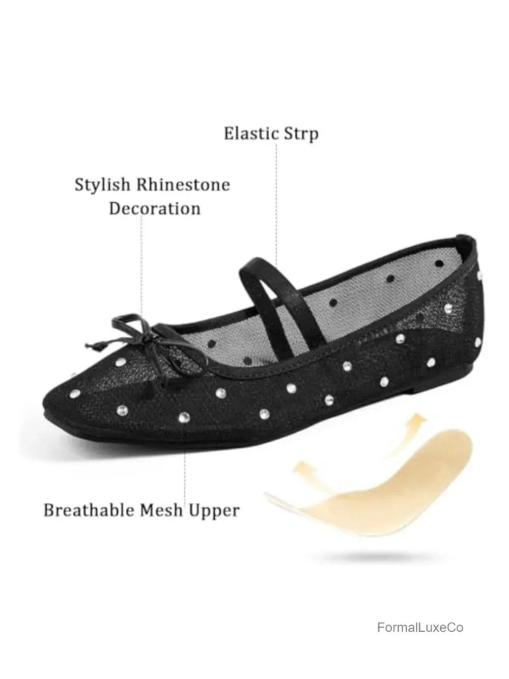 Square Toe Rhinestone Ballet Flats - Slip On Mesh Mary Jane Shoes